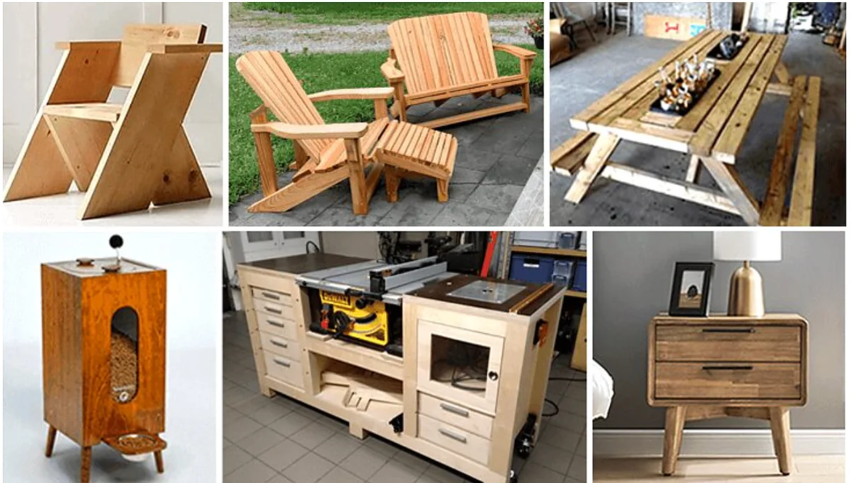 Example projects: chairs, Adirondack set, picnic table, pet feeder, table saw workbench and nightstand
