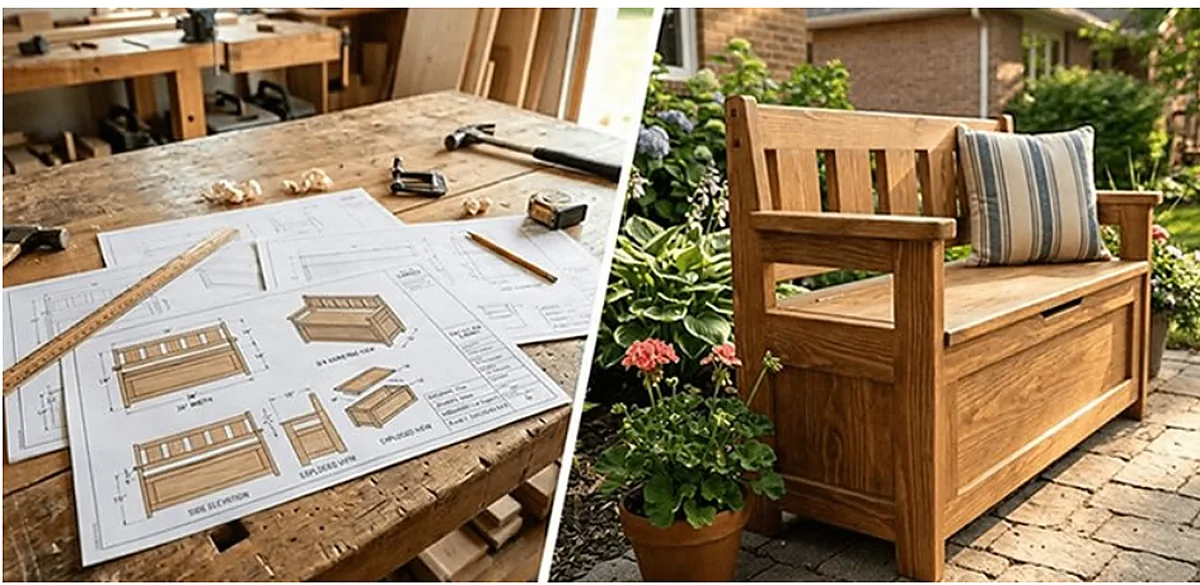 Garden storage bench plans next to the finished bench