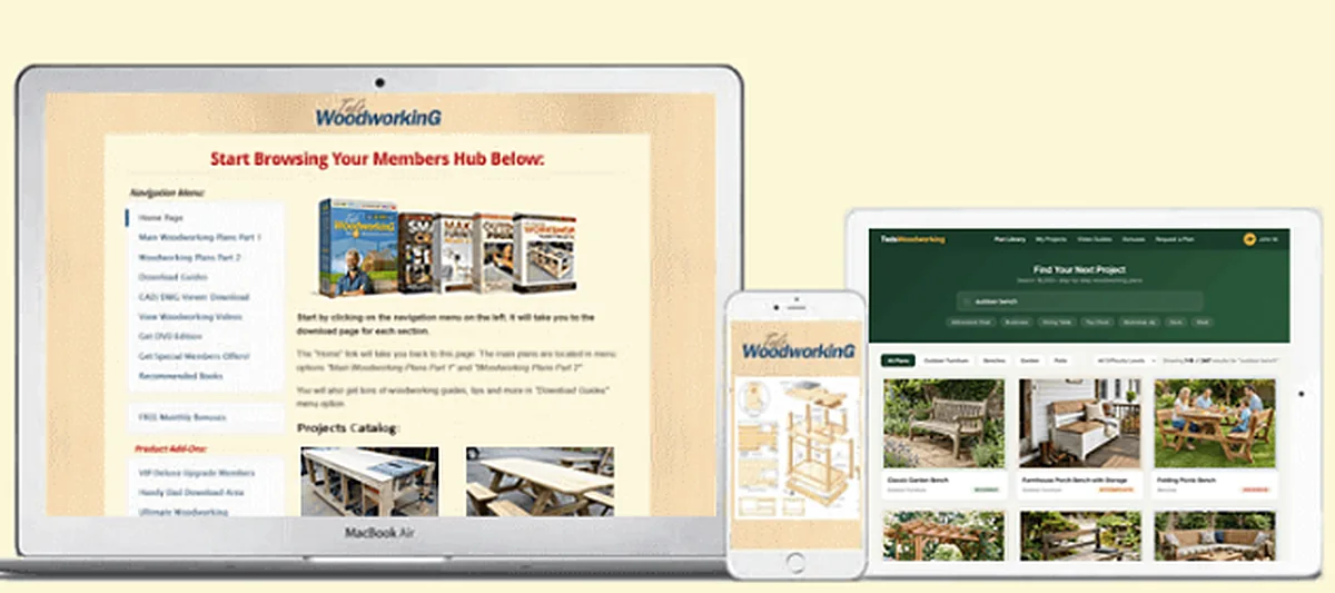 Teds Woodworking members area on laptop, phone and tablet, with plan search and categories