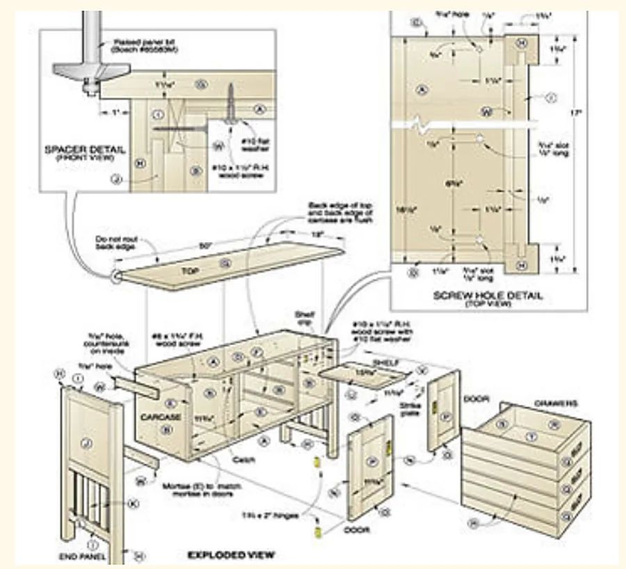 Sample woodworking plan drawing with exploded view and joint details